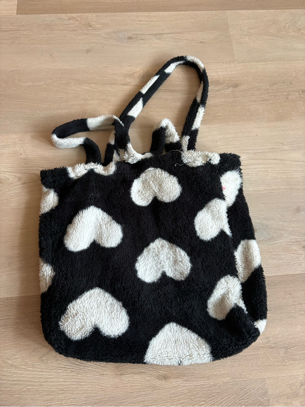 Black and White Heart Fuzzy Tote Bag